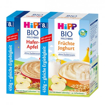 【2点入り】HiPPドイツ喜宝オーガニックオートミールリンゴおやすみ米粉+オーガニックフルーツヨーグルト米粉8ヶ月以上450 g