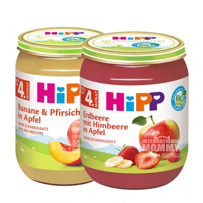【4点入り】HiPPドイツ喜宝オーガニックバナナ黄桃リンゴ泥*2+オーガニックイチゴ複盆リンゴ泥*2