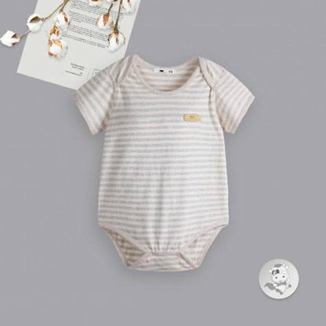 Verantwertung明徳は男女の赤ちゃんの有機彩綿の夏の薄い連体衣の経典の浅いカレーの縞の三角の半袖の哈衣の登り服を担当します