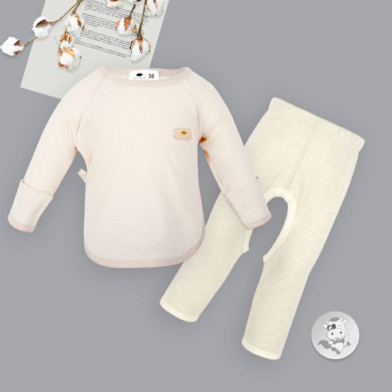 【2点】Verantwortung明徳は男女の赤ちゃんの新生児の有機彩綿のスーツを担当しています。四季の薄いネットガーゼの汗布の上着の浅いカレー色+春秋の長いズボンの親肌のふんどしズボン