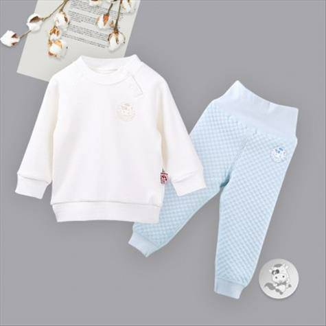 【2点】Verantwortung明徳は男女の赤ちゃんの有機綿の長袖のシャツの活力の純色の白色+有機綿の高腰の保護の腹のズボンの青を担当しています