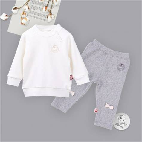【2点】Verantwortung明徳は男女の赤ちゃんの有機綿の長袖のシャツの活力の純色の白色+有機綿のパンツのかわいいリボンの灰色を担当しています