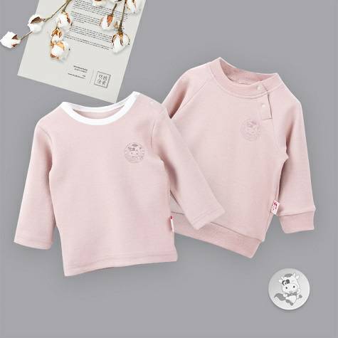 【2点】Verantwortung明徳は男女の赤ちゃんの有機綿の長袖のシャツの活力の純色+経典の簡潔なカレー色を担当しています