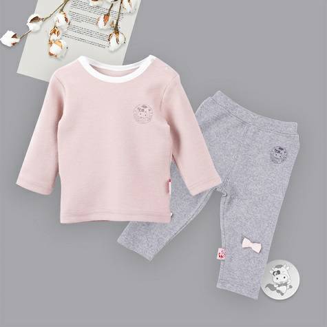 【2点】Verantwortung明徳は男女の赤ちゃんの有機綿の長袖のシャツの経典の簡潔なカレー色+有機綿のパンツのかわいいリボンの灰色を担当しています